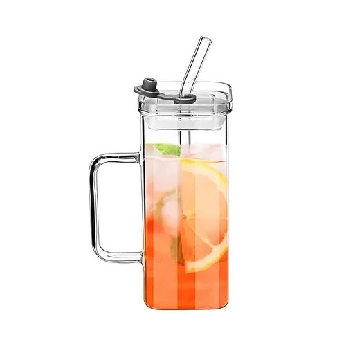 Square Glass Juice Tumbler 400ml - White Plastic Lid