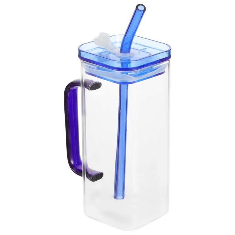 Square Glass Juice Tumbler 400ml - Blue Plastic Lid