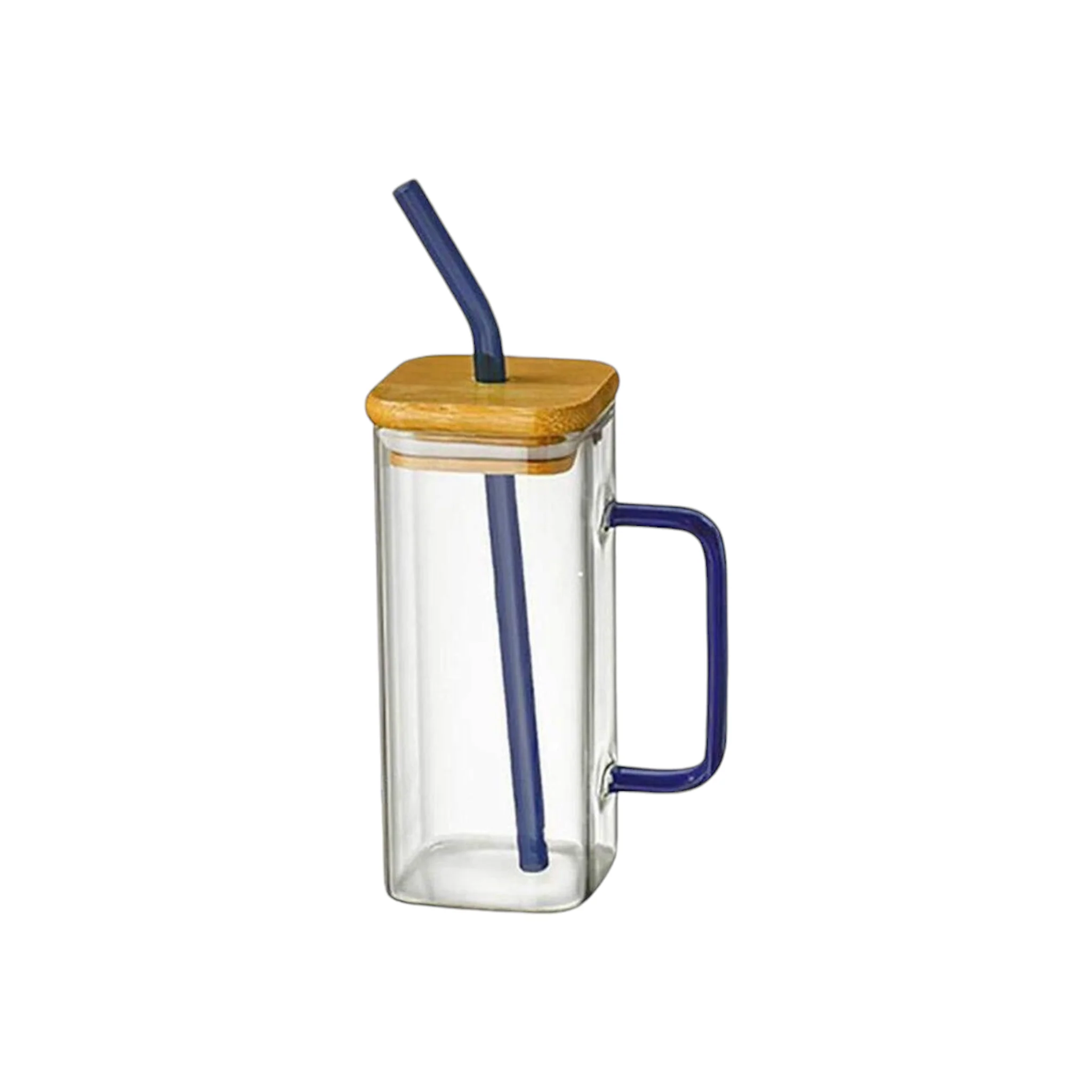 Square Glass Juice Tumbler 400ml - Blue handle