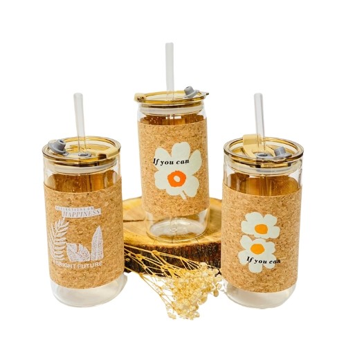 Cork-Sleeve Glass Tumbler with Straw and Lid