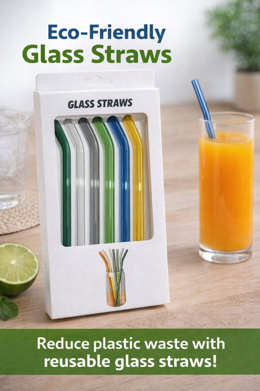 Multi Color Glass Straw Set (6 Colorful Pieces)